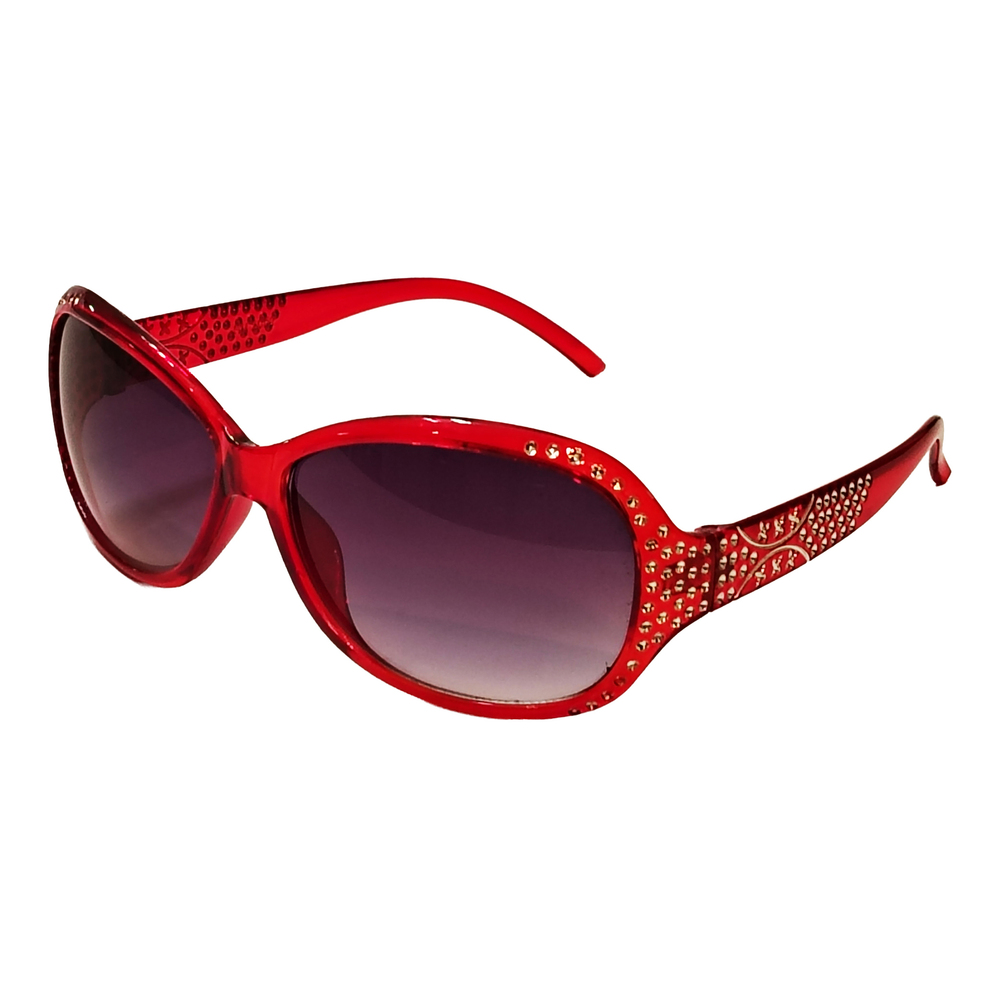 Red framed purple tinted butterfly glasses with rhinestone inlay